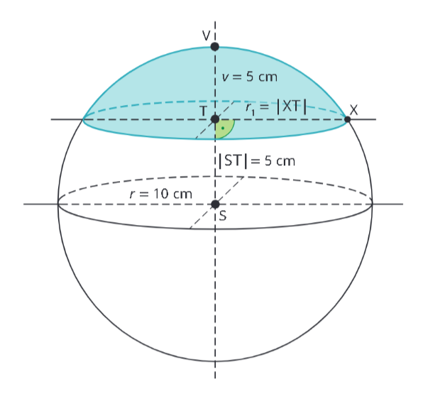 <p class="text" dir="auto">Urči objem a povrch kulové úseče vzniklé řezem koule přes bod <span data-katex="true" class="latex">T</span>, který je ve vzdálenosti 5 centimetrů od středu koule. Poloměr koule je 10 centimetrů a výška kulové úseče je 5 centimetrů. Poté vypočítej obsah a objem kulového vrchlíku, který má stejné rozměry jako kulová úseč.</p><figure class="d-block p-8 bg-gray-100 rounded-4 my-2"><div class="d-flex justify-content-center align-items-center"><a href="files/imports/67/image-1701268095831" target="_blank"><div><figcaption style="color: black;"></figcaption></div></a></div></figure>