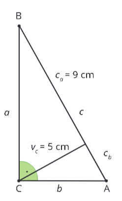 <p class="text" dir="auto">Na obrázku je pravoúhlý trojúhelník <span data-katex="true" class="latex">\( ABC \)</span>. Vypočítej neznámou <span data-katex="true" class="latex">\( c_{b} \)</span> jestliže víš, že výška tohoto trojúhelníku má velikost <span data-katex="true" class="latex">\( 5 \mathrm{~cm} \)</span> a úsečka <span data-katex="true" class="latex">\( c_{\alpha} \)</span> je dlouhá <span data-katex="true" class="latex">\( 9 \mathrm{~cm} \)</span>.</p><figure class="d-block p-8 bg-gray-100 rounded-4 my-2"><div class="d-flex justify-content-center align-items-center"><a href="files/imports/97/image-1704368679236" target="_blank"><div><figcaption style="color: black;"></figcaption></div></a></div></figure>