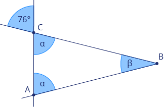 <p>Urči velikost úhlu β v&nbsp;rovnoramenném trojúhelníku ABC.</p><p>Odpovídej pouze číslem (bez °).</p>