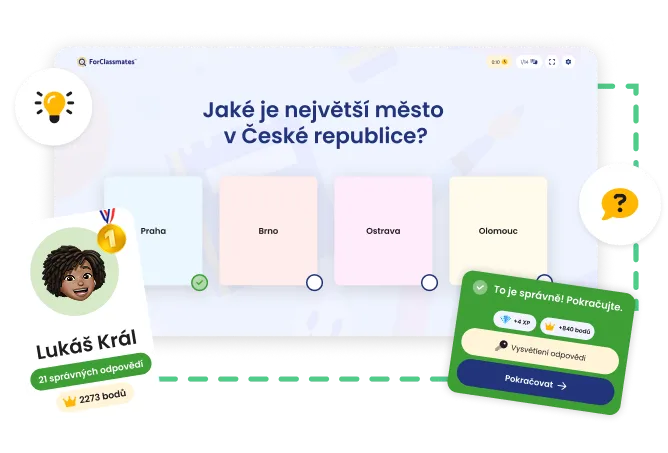 Ukázka hodiny: kvízová otázka promítnutá na tabuli, správná odpověď a body žáka.