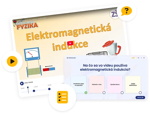 Interaktívne video o elektromagnetickej indukcii s otázkou pre žiakov.