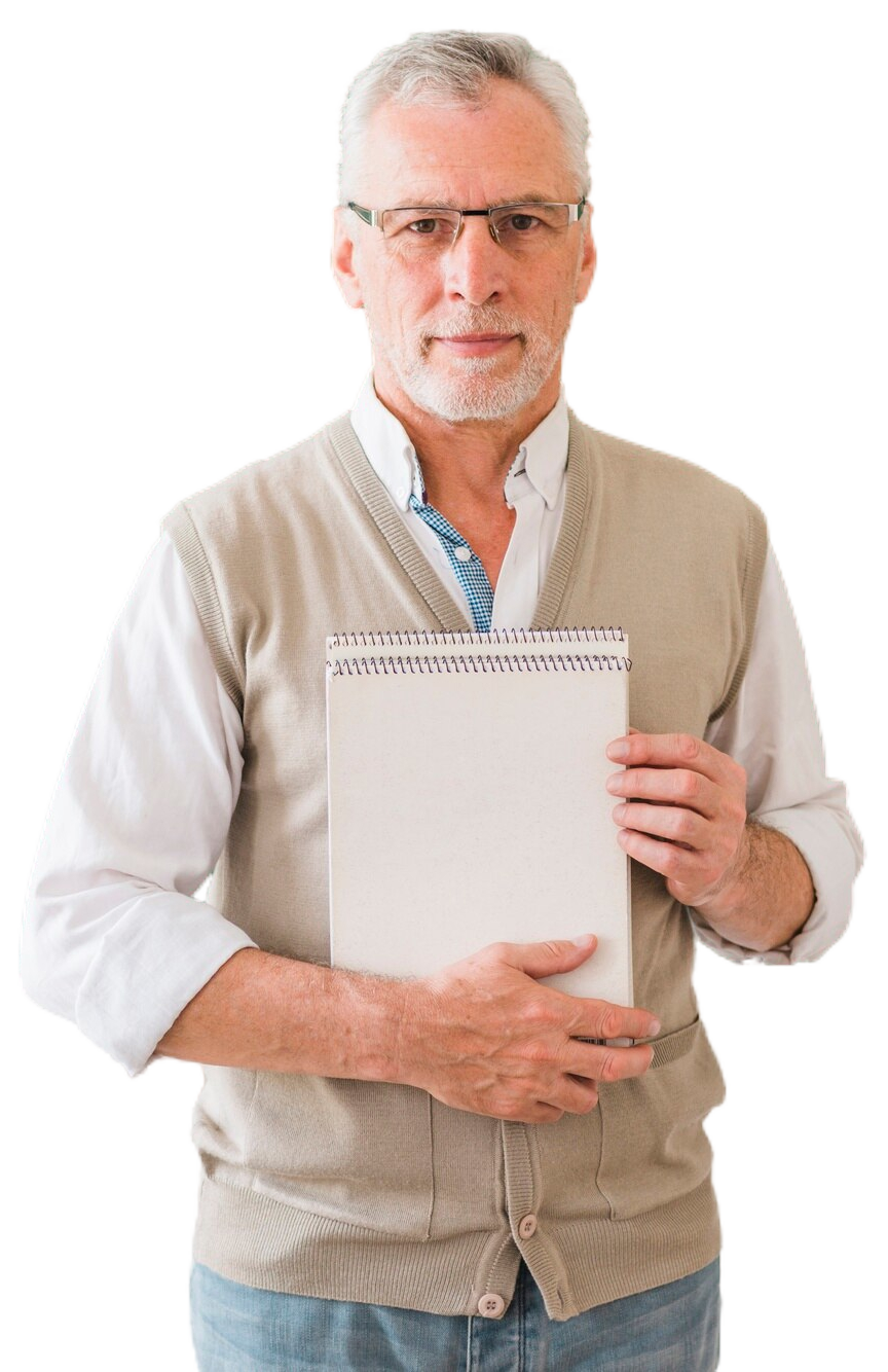 Older man in brown sweater holding a stack of papers.
