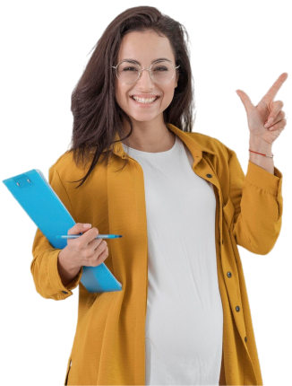 Young female teacher in a yellow shirt holding a notepad.
